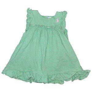 Baby Girl's Ralph Lauren Long Green Pink Striped Dress Ruffled Hem 12-18 Months